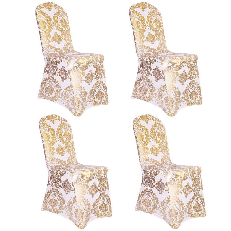 Desirable Life Pack of 4 Dining Chair Covers Bronzing Gold Flower Print Removable Washable Spandex Stretch Decorative Chair Slipcovers Set for Party Wedding Home Decorations - Gold+White - Image 1