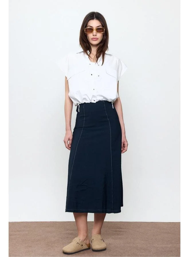 Sherin Navy Stitch-Detail Midi Skirt.