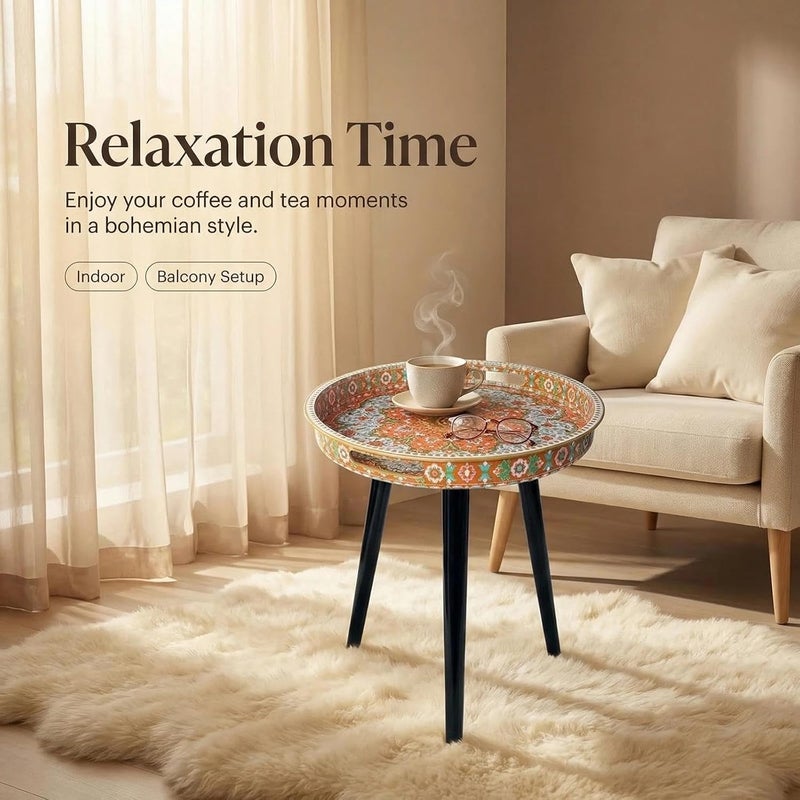 Simmer Stone Round Indoor Side Tables with Detachable Wooden 3 Legs, Versatile Tray Table, Perfect For Round Coffee Table Tea, and Relaxation Time 17.7 Inch (Dot Orange Red Lotus) - Image 5