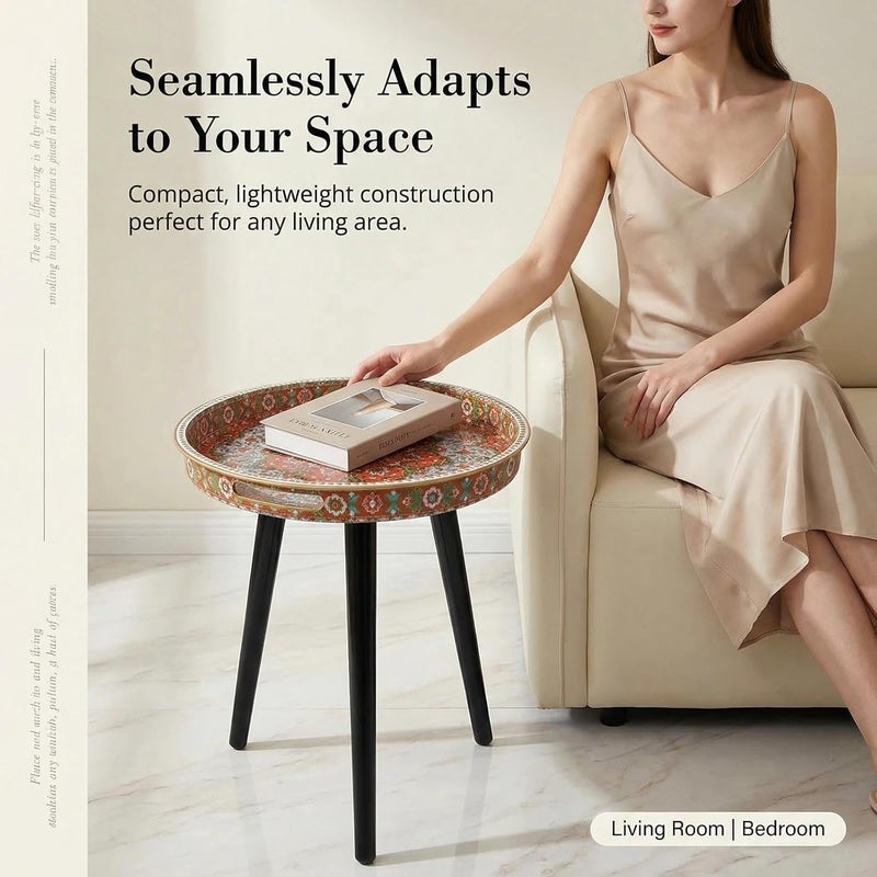 Simmer Stone Round Indoor Side Tables with Detachable Wooden 3 Legs, Versatile Tray Table, Perfect For Round Coffee Table Tea, and Relaxation Time 17.7 Inch (Dot Orange Red Lotus) - Image 3