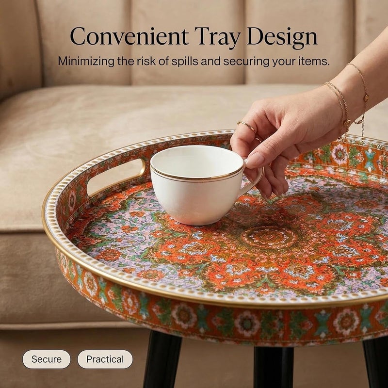 Simmer Stone Round Indoor Side Tables with Detachable Wooden 3 Legs, Versatile Tray Table, Perfect For Round Coffee Table Tea, and Relaxation Time 17.7 Inch (Dot Orange Red Lotus) - Image 4