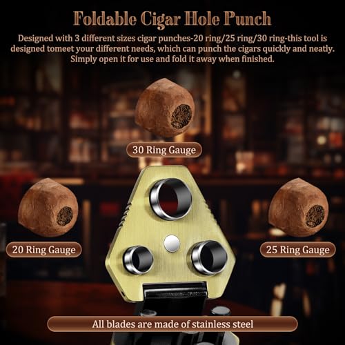 TISFA Cigar Punch Tool, Cigar Punch Cutter with Cigar Holder 2 in 1, Foldable 3 Sizes Cigar Hole Punch and 3 Cigar Stand Cigar Kit, Multifunctional Stainless Steel Puncher with Gift Box (Bronze) - Image 4