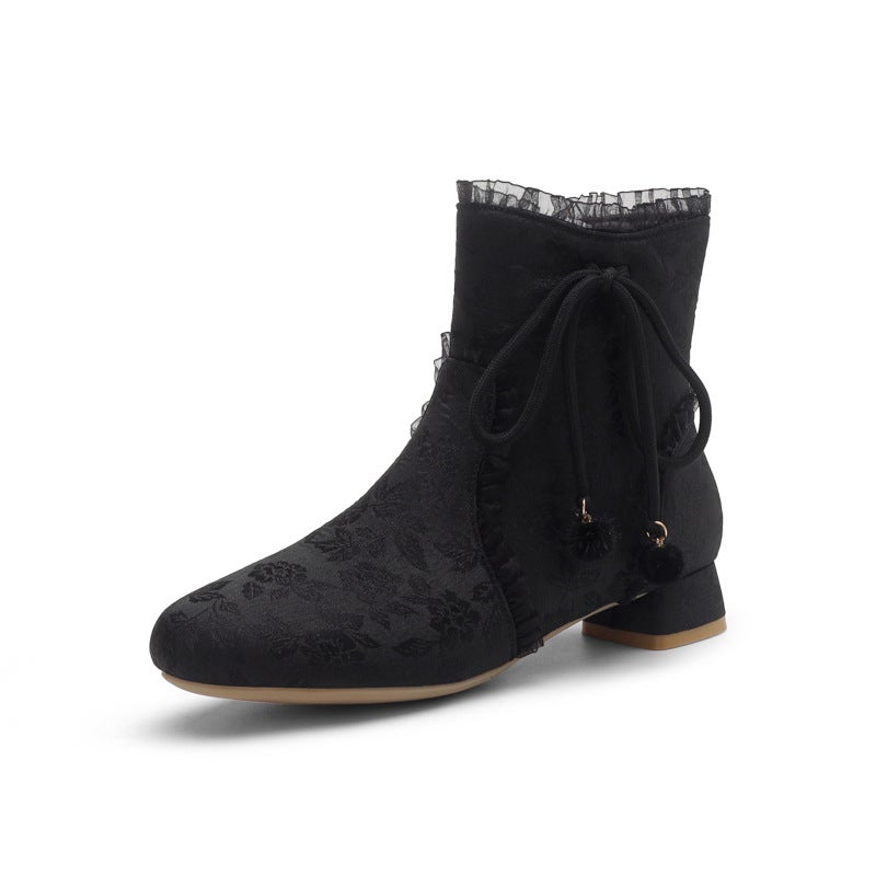 Lazada Source 2024 Casual Low-Heeled Boots 28-43 Guofeng Jacquard Fabric Low-Barrel Women'S Boots - Image 1