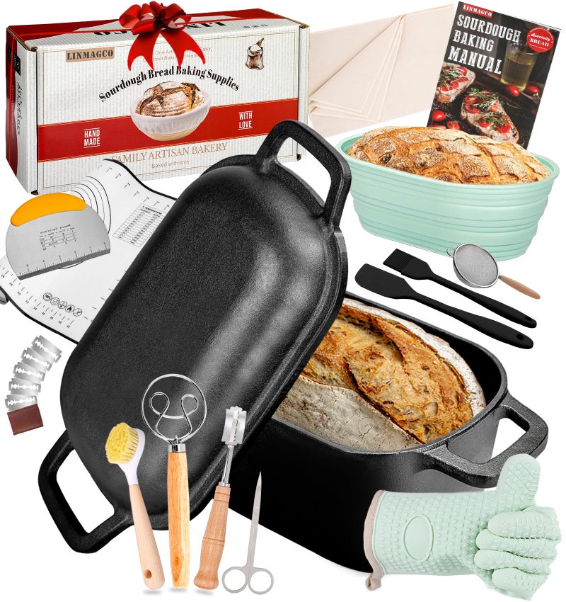 LINMAGCO Dutch Oven for Bread Baking & Sourdough Bread Baking Starter Kit- 11-Piece Beginner Gift Set with 3.6QT Oval Cast Iron Pot with Lid, Silicone Proofing Basket & Artisan Tools - Image 1