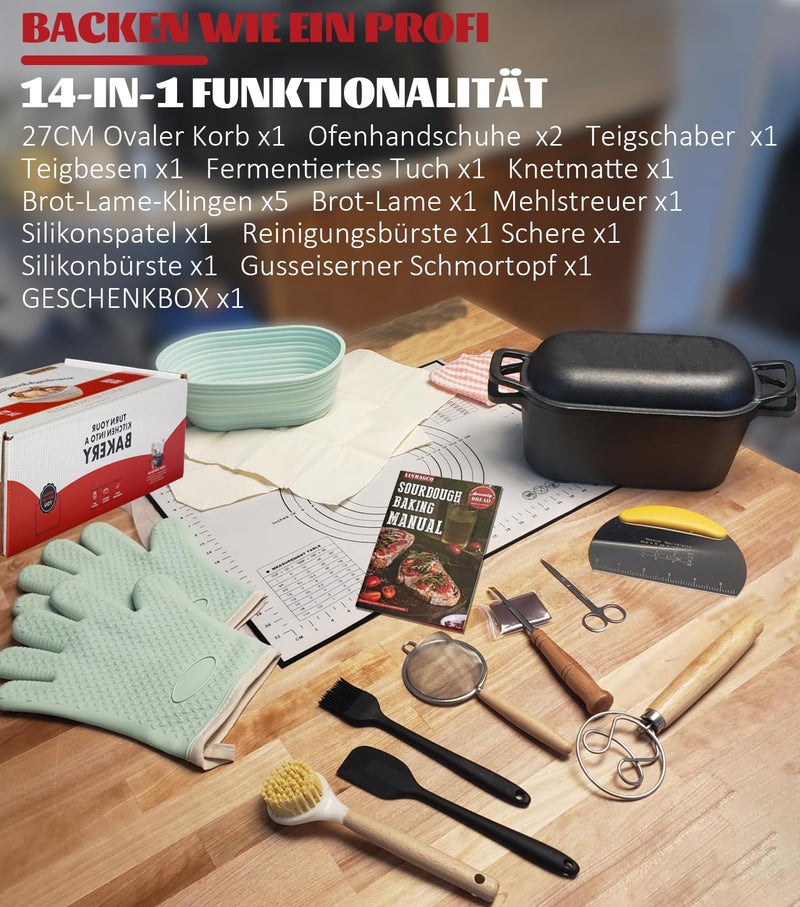 LINMAGCO Dutch Oven for Bread Baking & Sourdough Bread Baking Starter Kit- 11-Piece Beginner Gift Set with 3.6QT Oval Cast Iron Pot with Lid, Silicone Proofing Basket & Artisan Tools - Image 4