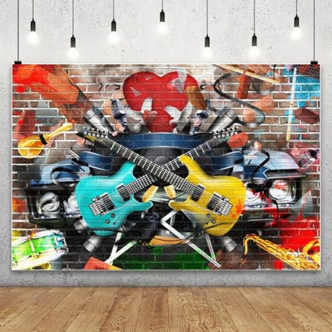 AOFOTO 7X5Ft Rock And Roll Music Guitar Backdrop Graffiti Brick Wall Grunge Punk 80S 90S Discos Concert Hip Hop Photography Background Music Night Karaoke Birthday Decoration Party Supplies Banner - Image 5