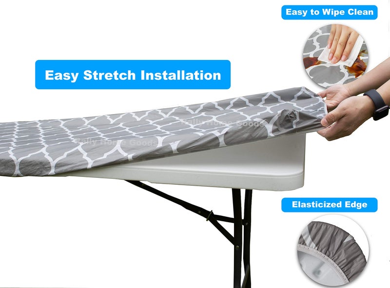 Rally Home Goods Outdoor Fitted Vinyl Rectangular Tablecloth with Flannel Backing for 6 FT Table (30 x 72''), Waterproof Wipeable Cover, Gray Trellis Pattern for Camping Parties Picnic - Image 2