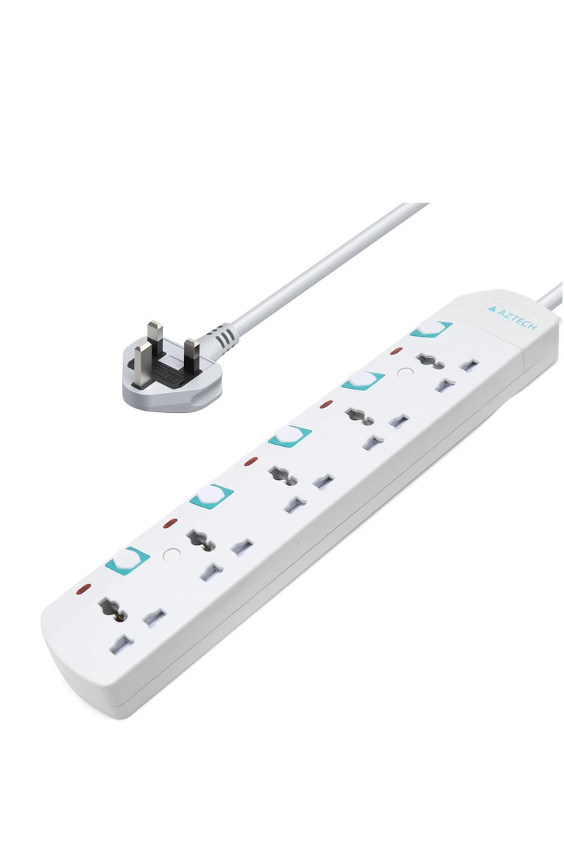 Aztech كابل تمديد كهربائي 5 طرق 3M 3250W مع 5 مآخذ عالمية ومفاتيح فردية ومؤشرات LED معتمد من ECAS - Image 1