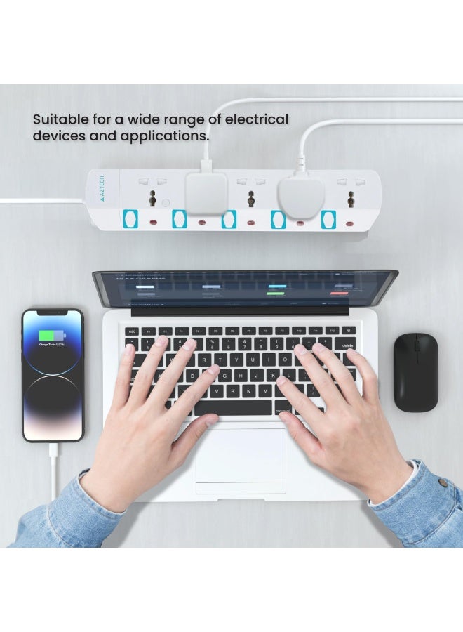 Aztech كابل تمديد كهربائي 5 طرق 3M 3250W مع 5 مآخذ عالمية ومفاتيح فردية ومؤشرات LED معتمد من ECAS - Image 2
