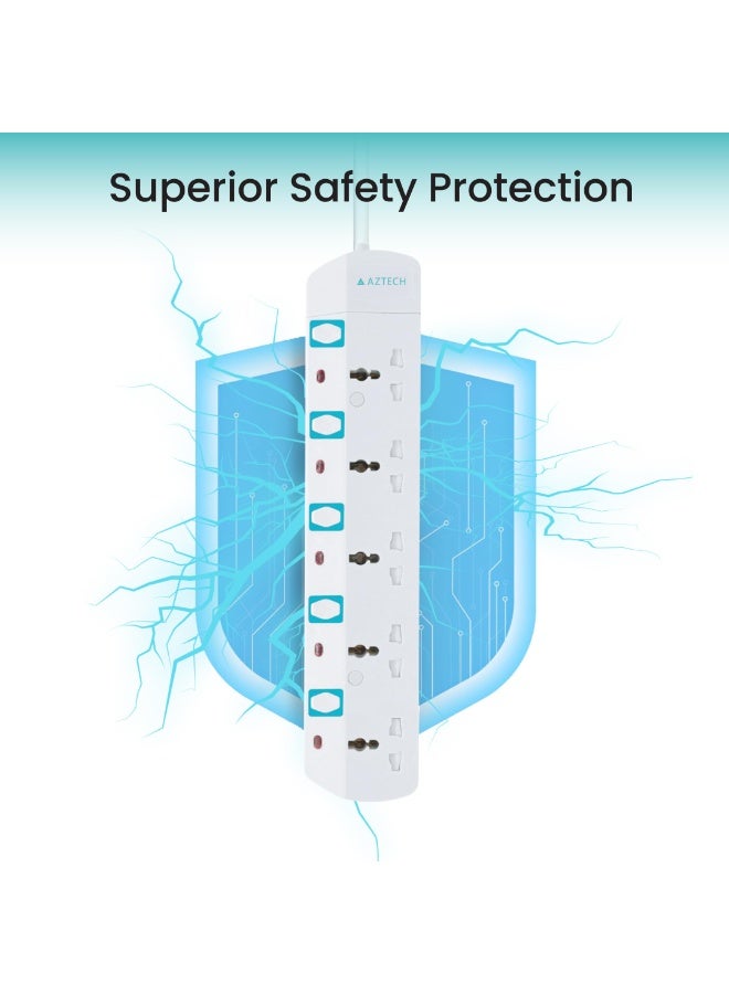 Aztech كابل تمديد كهربائي 5 طرق 3M 3250W مع 5 مآخذ عالمية ومفاتيح فردية ومؤشرات LED معتمد من ECAS - Image 3