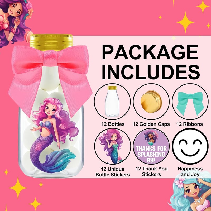 Ethisa Small 12 Pack Mermaid Party Favors - DIY Candy Jars with Ribbons and Stickers - Party Decoration Bottles for Birthday, School Classroom, and Baby Shower - Mermaid Table Centerpiece for Girls - Image 2