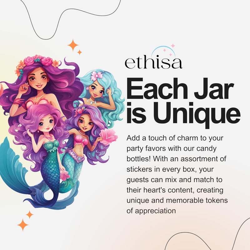 Ethisa Small 12 Pack Mermaid Party Favors - DIY Candy Jars with Ribbons and Stickers - Party Decoration Bottles for Birthday, School Classroom, and Baby Shower - Mermaid Table Centerpiece for Girls - Image 3