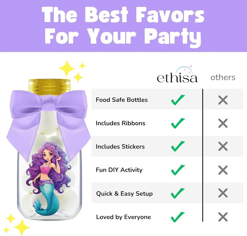 Ethisa Small 12 Pack Mermaid Party Favors - DIY Candy Jars with Ribbons and Stickers - Party Decoration Bottles for Birthday, School Classroom, and Baby Shower - Mermaid Table Centerpiece for Girls - Image 5
