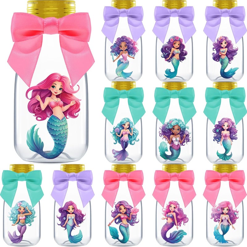 Ethisa Small 12 Pack Mermaid Party Favors - DIY Candy Jars with Ribbons and Stickers - Party Decoration Bottles for Birthday, School Classroom, and Baby Shower - Mermaid Table Centerpiece for Girls - Image 1