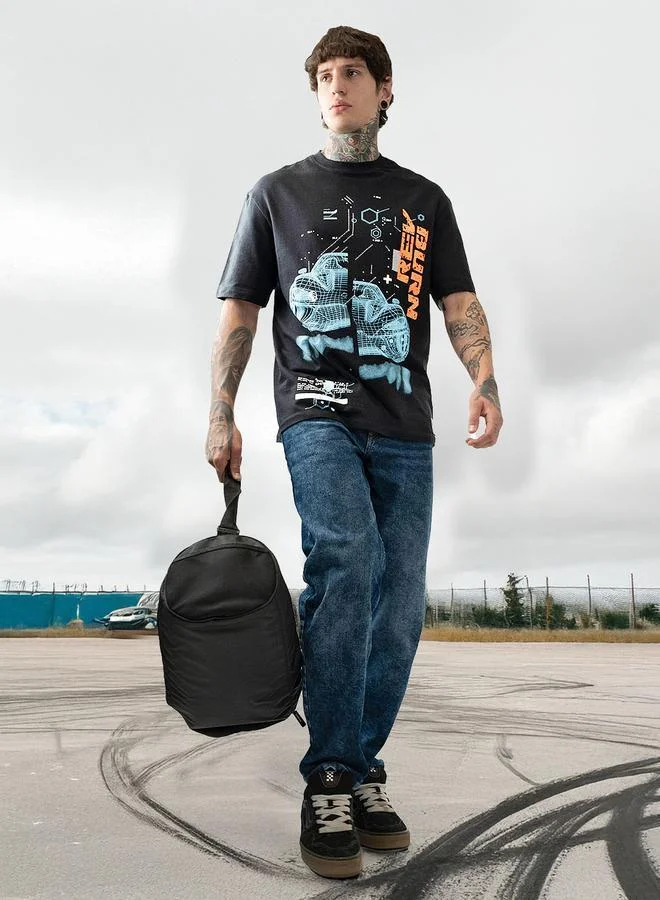 هاي ستار تي شيرت قطن مطبوع برسومات موتو ريسر بياقة دائرية وأكمام قصيرة بقصة مريحة