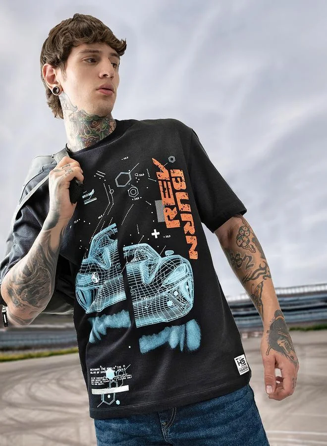 هاي ستار تي شيرت قطن مطبوع برسومات موتو ريسر بياقة دائرية وأكمام قصيرة بقصة مريحة