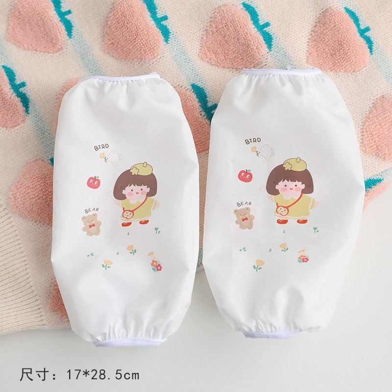 Waterproof Long Sleeve Kitchen PU Sleeve Covers For Women Summer Work Dirty Oil Resistant White Housework Ins Style Girl on white 