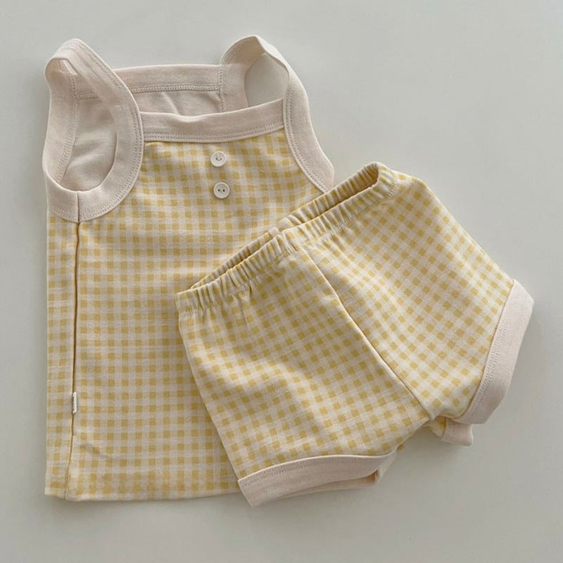 Summer Cotton Baby Vest and Shorts Set CHECK YELLOW 