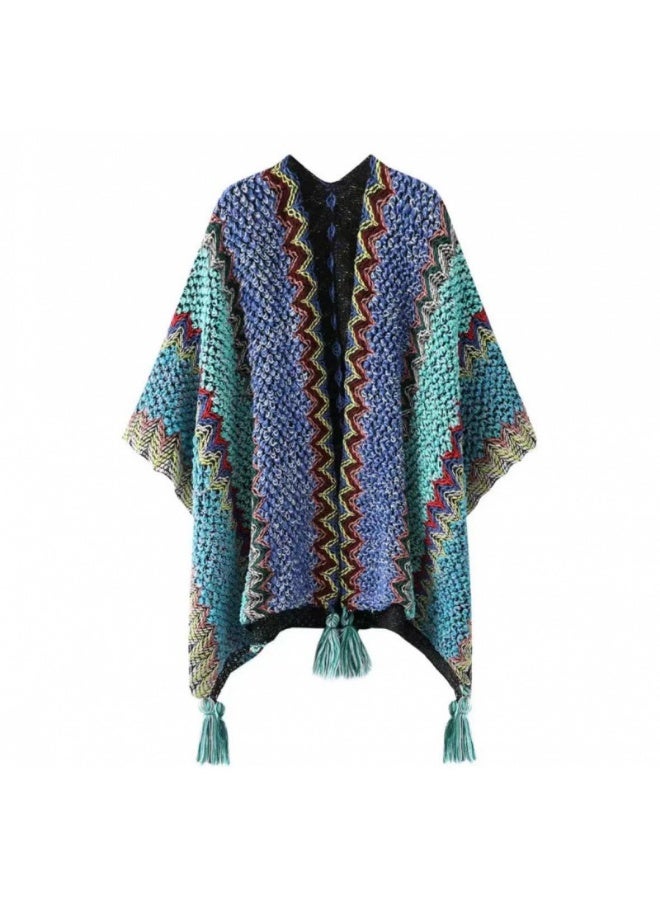 Women's Knitted Ethnic Cape with Tassels - Bohemian Style, One Size - Image 1