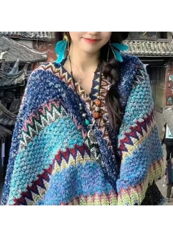 Women's Knitted Ethnic Cape with Tassels - Bohemian Style, One Size - Image 2