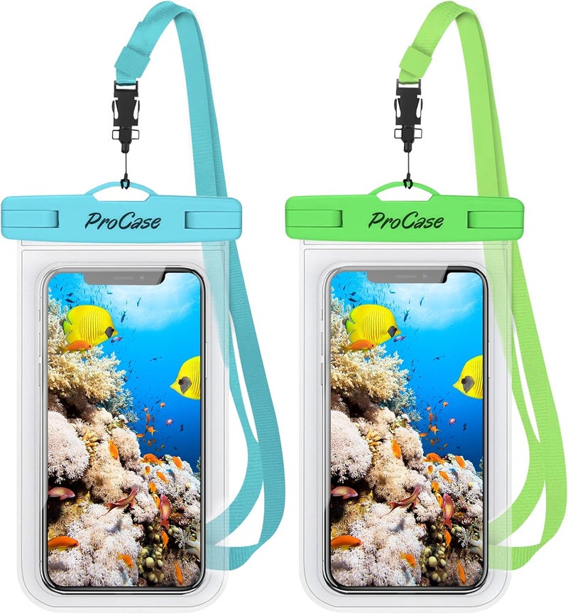 Procase 2 Pack Waterproof Phone Pouch Case, 7" Universal Underwater Cellphone Dry Bag for iPhone 17 Air 16 15 14 13 Pro Plus Max 12 11, Galaxy S24 S23 S22 Ultra Pixel -Blue/Green - Image 1