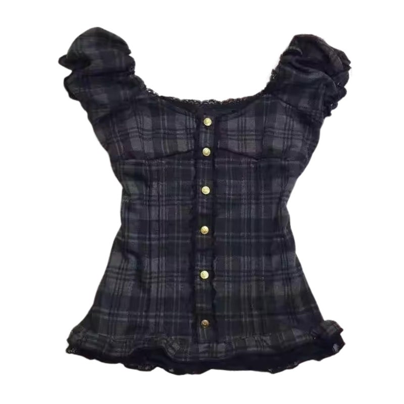 RICHTRUE Grunge Emo Goth Shirt Y2k Lace Bow Coquette Babydoll Tops Women Vintage Graphic Tees 2000s Summer Crop Tops (Black Plaid,Small) - Image 1