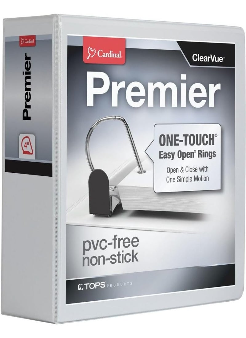 Cardinal Cardinal 3 Ring Binder, Binders for School and Office, Durable 4 Inch Premier Easy Open Binder, ONE-Touch Locking Slant-D Rings, 880-Sheet Capacity, ClearVue Cover, PVC-Free, White (10340CB)  - Image 1