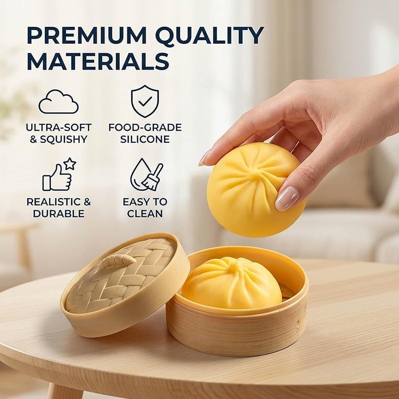 Dumpling Fidget, Stress Relief Set with Two Dumplings, Steamer Design for Focus and Relaxation for Adults , Yellow Pumpkin Bun and Purple Barbecue Pork Bun - Image 2