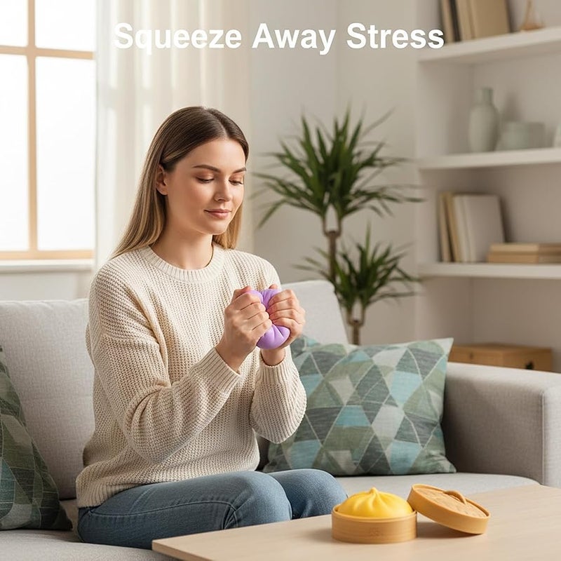 Dumpling Fidget, Stress Relief Set with Two Dumplings, Steamer Design for Focus and Relaxation for Adults , Yellow Pumpkin Bun and Purple Barbecue Pork Bun - Image 4