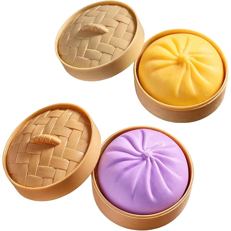 Dumpling Fidget, Stress Relief Set with Two Dumplings, Steamer Design for Focus and Relaxation for Adults , Yellow Pumpkin Bun and Purple Barbecue Pork Bun - Image 1