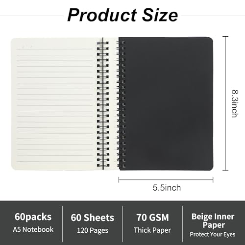 miikoul 60 Packs A5 Spiral Notebooks, Black Ruled Notebooks Bulk, 8.0"×5.6", 60 Sheets/120 Pages, Hardcover Lined Journal Notepad Travel Notebooks for Office and Back to School Supplies - Image 2