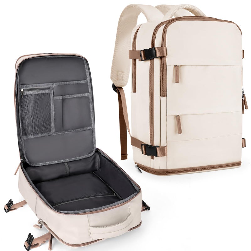 coowoz Large Travel Backpack For Women Men,Carry On Backpack Flight Approved,Hiking Outdoor Rucksack Casual Daypack Travel Bag Essentials Personal Item Backpack (Beige Brown-L) - Image 1