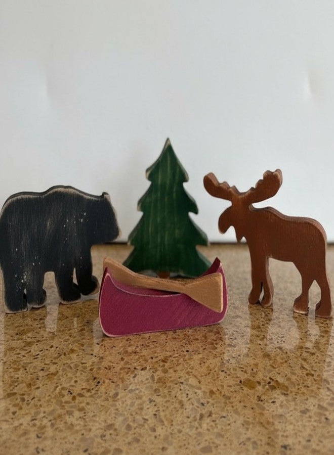 Yookeer 5 Pcs Wooden Forest Shelf Table Decorations Bear Moose Canoeing Boat Oar Mountain Wood Table Sign Tabletop Rustic Gifts for Cabin Lodge Home Nursery Room Decor - Image 1