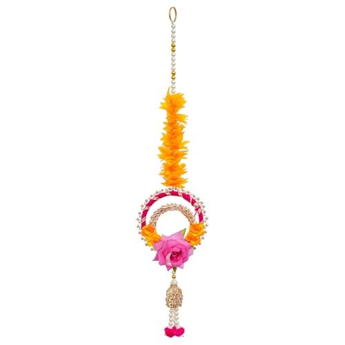 Sanvatsar Decorative Artificial Flower Wall Hanging, Pearl String Design with Pink Rose, Yellow Marigold, Set of 4 (Gralands Orange Pink) - Image 2