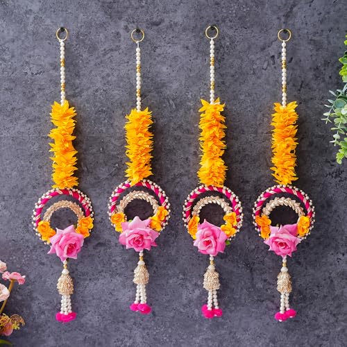 Sanvatsar Decorative Artificial Flower Wall Hanging, Pearl String Design with Pink Rose, Yellow Marigold, Set of 4 (Gralands Orange Pink) - Image 1