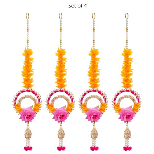 Sanvatsar Decorative Artificial Flower Wall Hanging, Pearl String Design with Pink Rose, Yellow Marigold, Set of 4 (Gralands Orange Pink) - Image 3