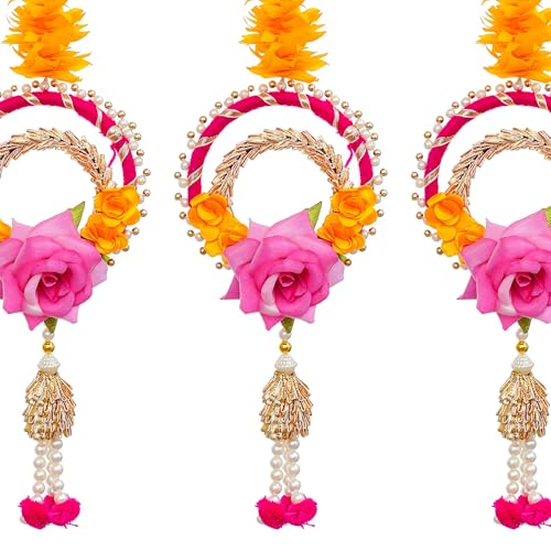Sanvatsar Decorative Artificial Flower Wall Hanging, Pearl String Design with Pink Rose, Yellow Marigold, Set of 4 (Gralands Orange Pink) - Image 4