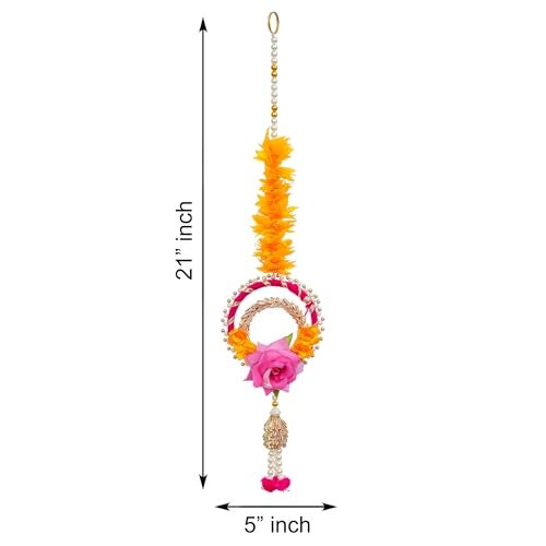 Sanvatsar Decorative Artificial Flower Wall Hanging, Pearl String Design with Pink Rose, Yellow Marigold, Set of 4 (Gralands Orange Pink) - Image 5