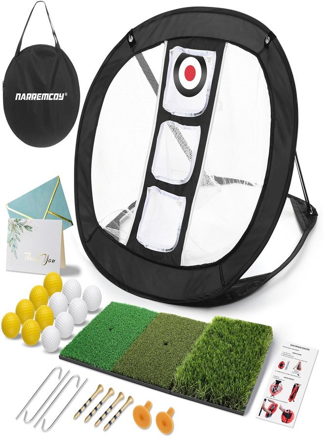 Narremcoy Golf Chipping Net with Tri-Turf Hitting Mat Set - Foldable Practice Target, 12 Foam Balls & 6 Tees in Carry Bag - Indoor Outdoor Backyard Golf Precision Training Gift & Aid for Beginners - Image 1