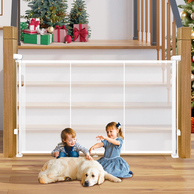 Pravoluxmax Retractable Baby Gates - 200" Extra Wide Retractable Dog Gate, 42" Extra Tall Mesh Gate Pet Gate with Support Rods, Long Child Safety Gate for Stairs Doorways Indoor Outdoor Large Openings - White - Image 1