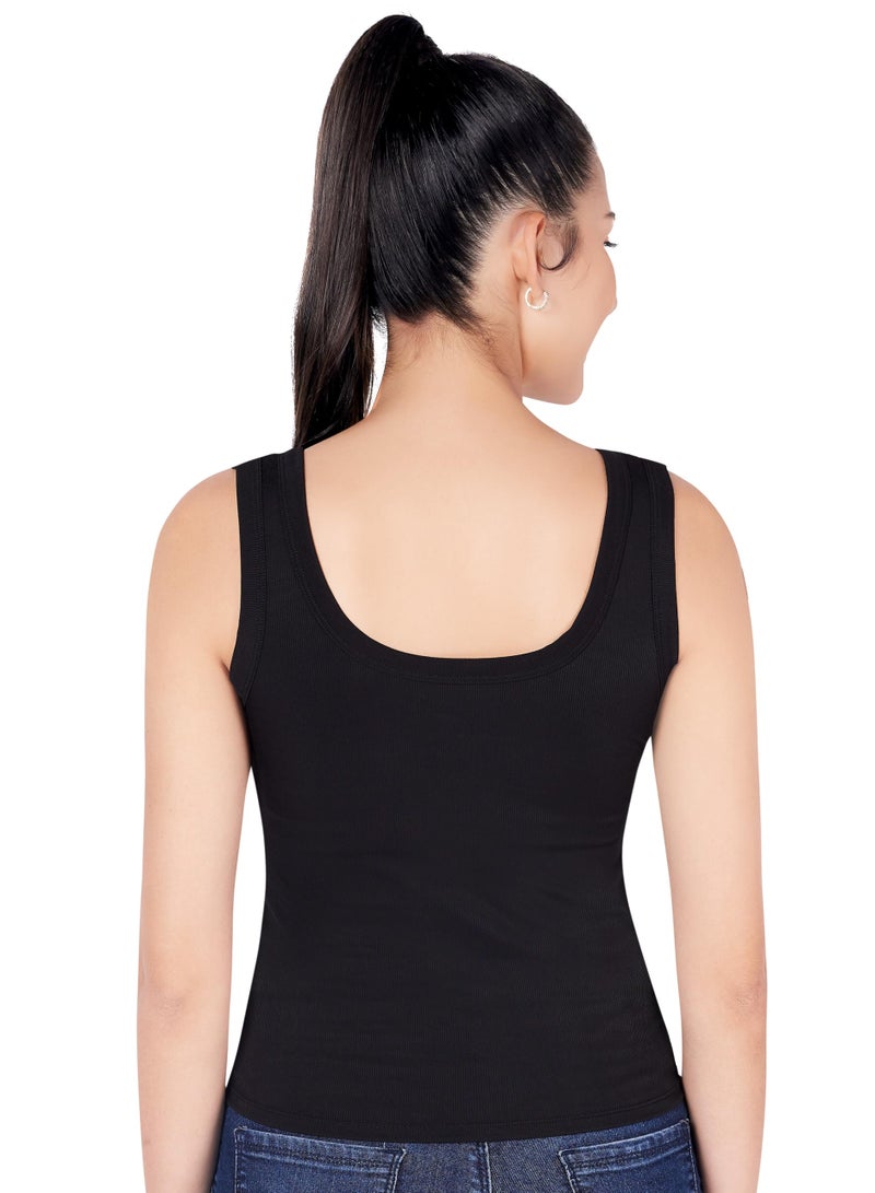 PLUMBURY Women's Padded Camisole Tank Top with Built-in Shelf Bra & Moulded Cups | Relaxed Fit | Black, Size S - Image 3