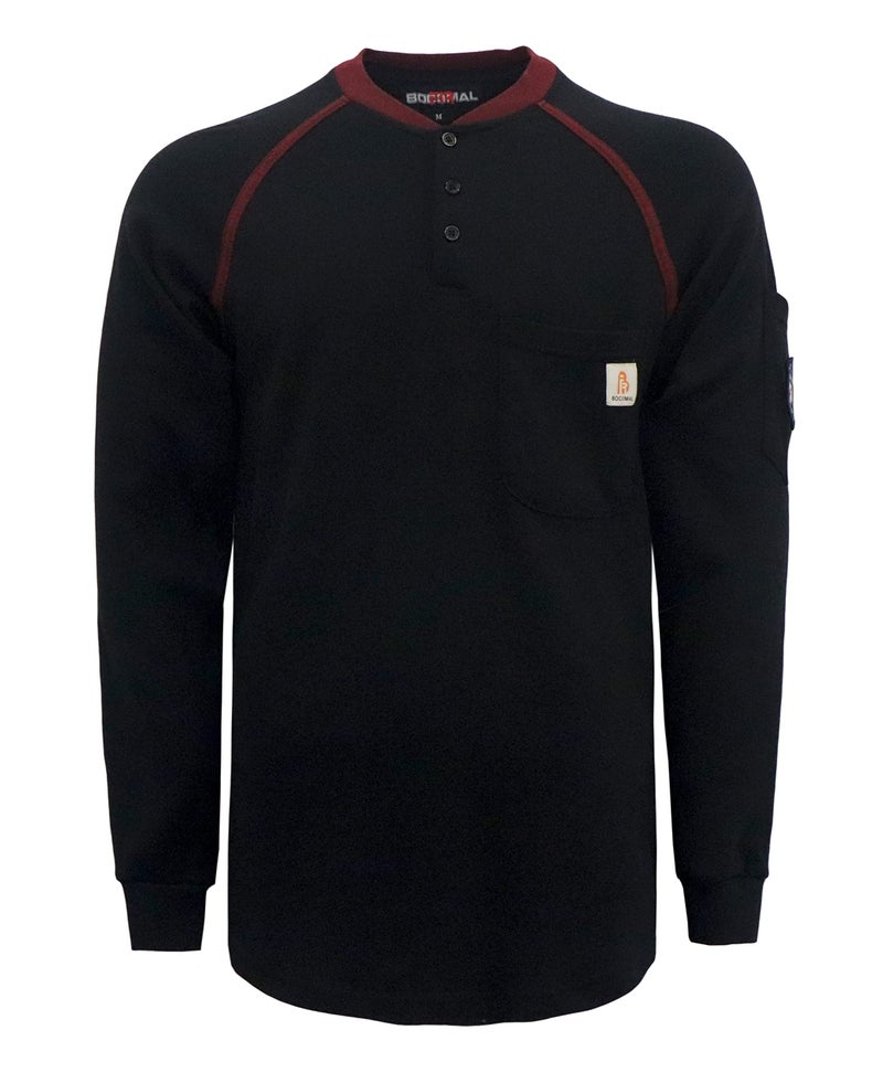 BOCOMAL FR Shirts for Men Flame Resistant Shirts NFPA2112CAT2 71oz Black Mens Long Sleeve Fire Retardant Henley Shirts