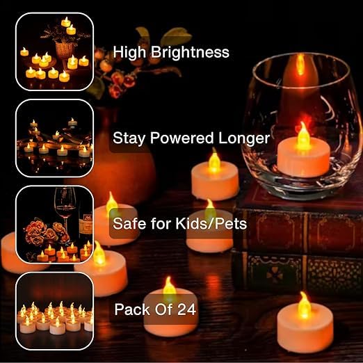 VERVENIX (Pack of 24 LED Tea Light Candles – Battery-Operated Flameless & Smokeless Decorative Lights for Diwali, Home Temple, Pooja and Holiday Decorations - Image 4