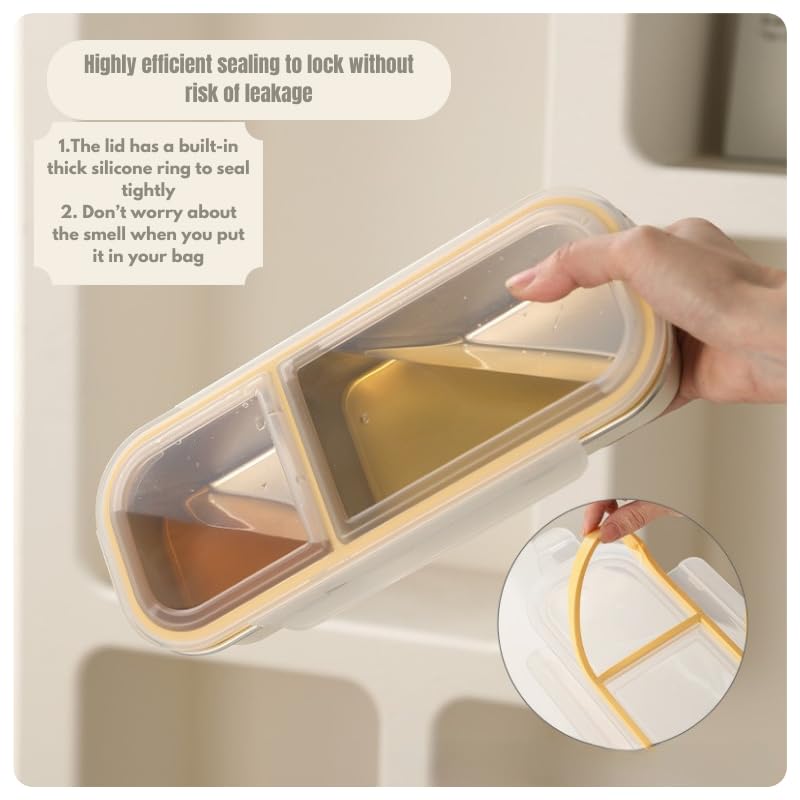 aDai 3 Compartment Stainless Steel Insulated Rectangle Lunch Box, Light Weight Tiffin for School Kids and Adults for on-The-go Meals | Sealed with Silicon Ring with Safety Lock (White) - Image 2