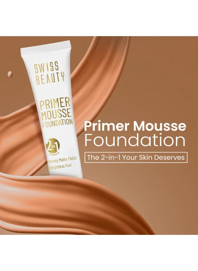 سويس بيوتي SWISS BEAUTY Primer Mousse Foundation Weightless Smooth & Velvet Touch, Face MakeUp, 40ml (Beige)