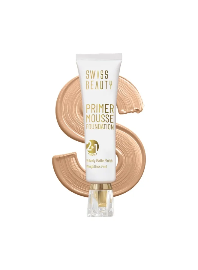 سويس بيوتي SWISS BEAUTY Primer Mousse Foundation Weightless Smooth & Velvet Touch, Face MakeUp, 40ml (Beige)