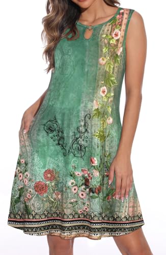 elescat Summer Dresses for Women Casual Sleeveless Sundress Floral Loose Fit Beach Cover Up with Pocket（Dark Sea Green, S - Image 1