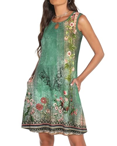 elescat Summer Dresses for Women Casual Sleeveless Sundress Floral Loose Fit Beach Cover Up with Pocket（Dark Sea Green, S - Image 2