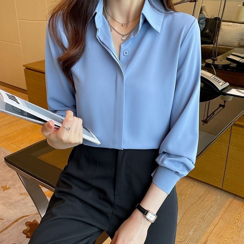 Spring New White Shirt Female Professional Blue Long Sleeve Chiffon Interview Dress Shirt Work Clothes Loose Top Summer - Image 3