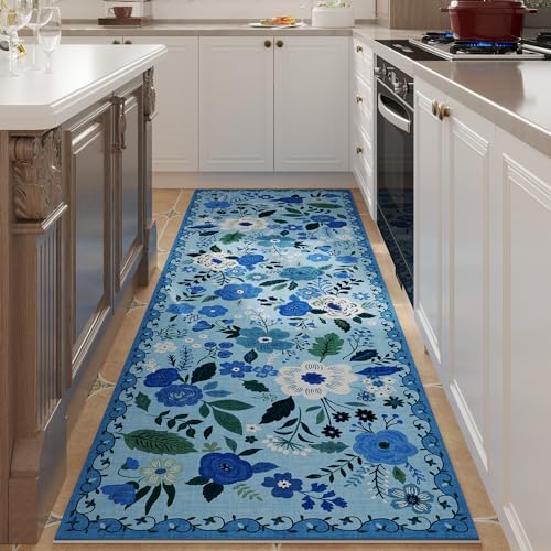 Rugcomf Runner Rug for Hallways Kitchen Rug Non Slip 2'x 6' Washable Runner Rugs with Rubber Backing Soft Floral Carpet Runner for Hallways, Kitchen, Laundry, Bedroom, Bathroom(Blue) - Image 1